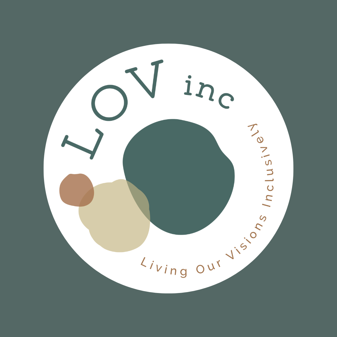 A white circle contains the LOV Inc. logo: three circular forms overlap in the c